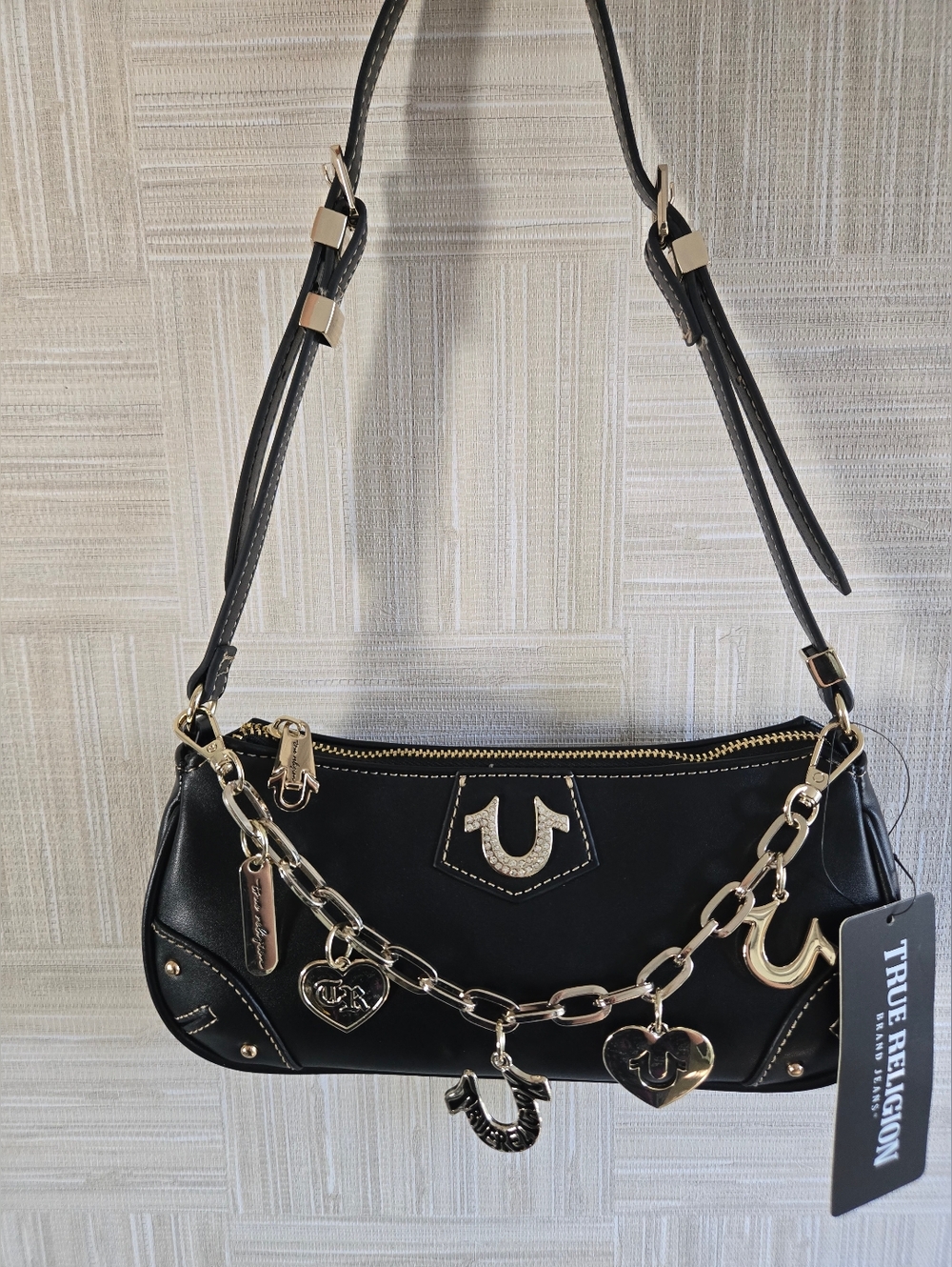 NWT True Religion Black Baguette Shoulder Bag Gold Horseshoe Removable Chain